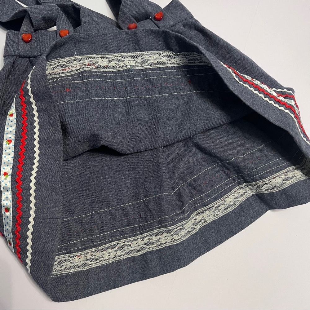 Vintage Girls Denim Suspender Skirt Strawberry Trim Heart Buttons - Picture 5 of 5